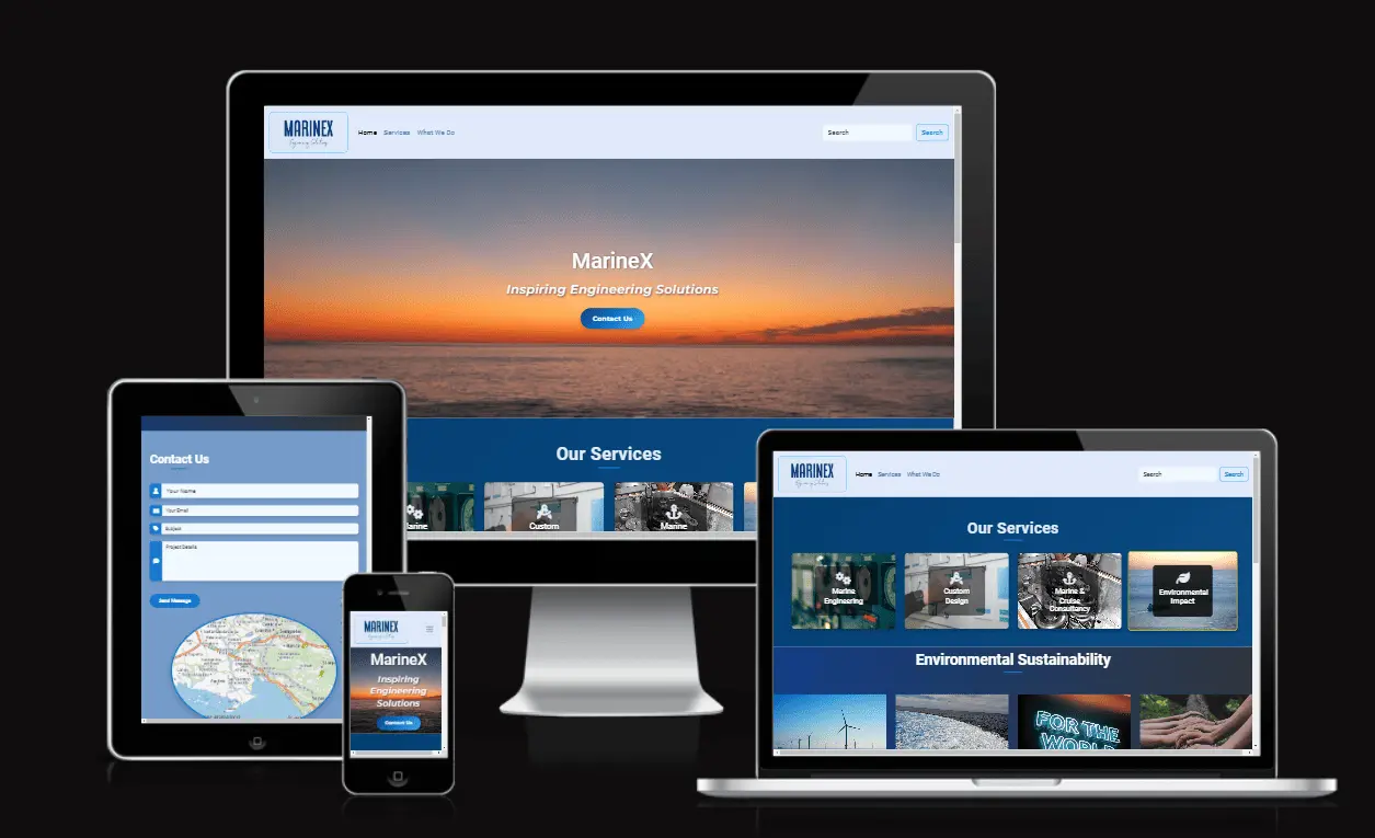 Responsive design preview of Marinex website on multiple devices